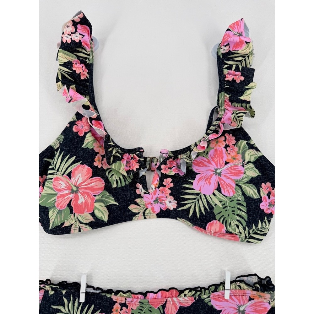 True Craft Tropical Floral Ruffle Bikini Top Pink Black Large
